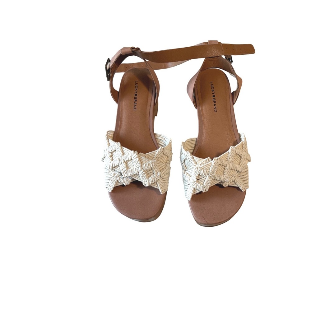 Lucky Brand Macrame Platform Sandals Tan Wood Block Heel Ankle Strap Womens 8.5